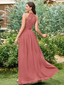 MIUSOL Đầm dạ hội hở lưng, chất liệu chiffon phối ren hoa đính sequin, màu tương phản, xếp ly, thích hợp cho khách dự đám cưới, lễ tốt nghiệp, tiệc chiêu đãi và các dịp khác trong mùa hè. - Bụi hồng - Xem 3