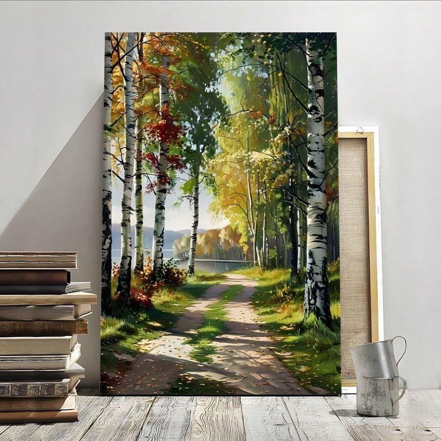 1pc Forest Path Birch Trees Impressionist Style Framed Wall Art - Canvas Prints Poster, Ready To Hang - Home Decor, Ideal For Home, Office Wall Decor, Family Gift, Living Room Bedroom Wall Decor - 彩色 - 查看 1