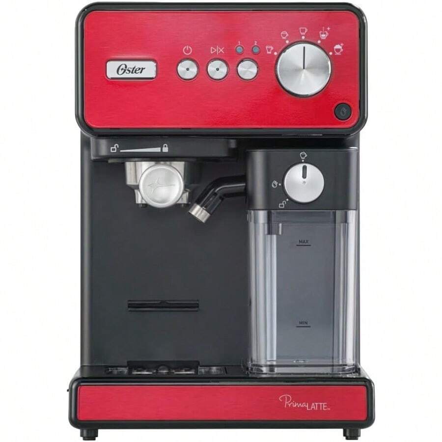 Oster Cafetera Automática de Espresso PrimaLatte con Auto-Frothing para Latte y Cappuccino Café Molido y Cápsulas Limpieza Automática Accesorios Incluidos Color Rojo BVSTEM6604R-013 - Tipo de Enchufe A USA (110-127V) - Ver 1