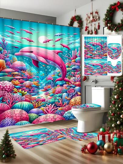 1/3/4 Pcs Pink Dolphin Underwater Creature Toilet U-Shaped Mat, Toilet Seat Cover, Bathroom Decor, Bathroom Shower Curtain Set With 12 Hooks, Bathroom Non-Slip Floor Mat, Toilet Seat Cover And U-Shaped, Bathroom Window Curtain Shower Set, Modern Home Room Decor, Decorative Hanging Curtain, Suitable For Home Decor, Bathroom Decor, Decorations