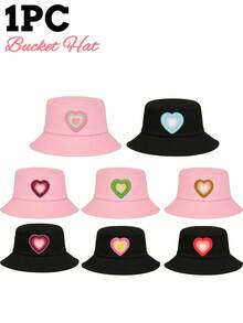 1 Stück Kinder Rosa/Schwarz Farbverlauf Herz Muster Fischerhut, süß & modisch, leichter Sonnenschutz, geeignet für Frühling/Sommer, praktisches Geschenk für Geburtstag, Feiertage, Jungen & Mädchen - Verschiedenfarbig - Übersicht 2