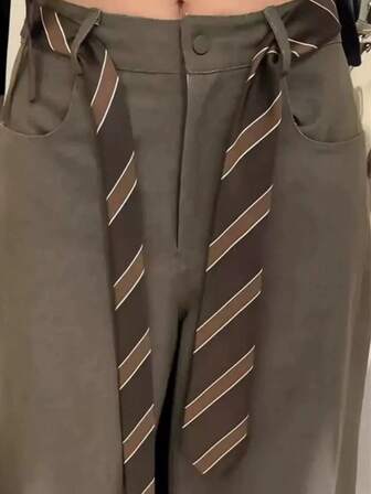 1pc This Versatile Brown Striped Tie Doubles As A Decorative Waist Accessory For Pants, Blending Formal Elegance And Creative Styling, Making It A Unique Fashion Item