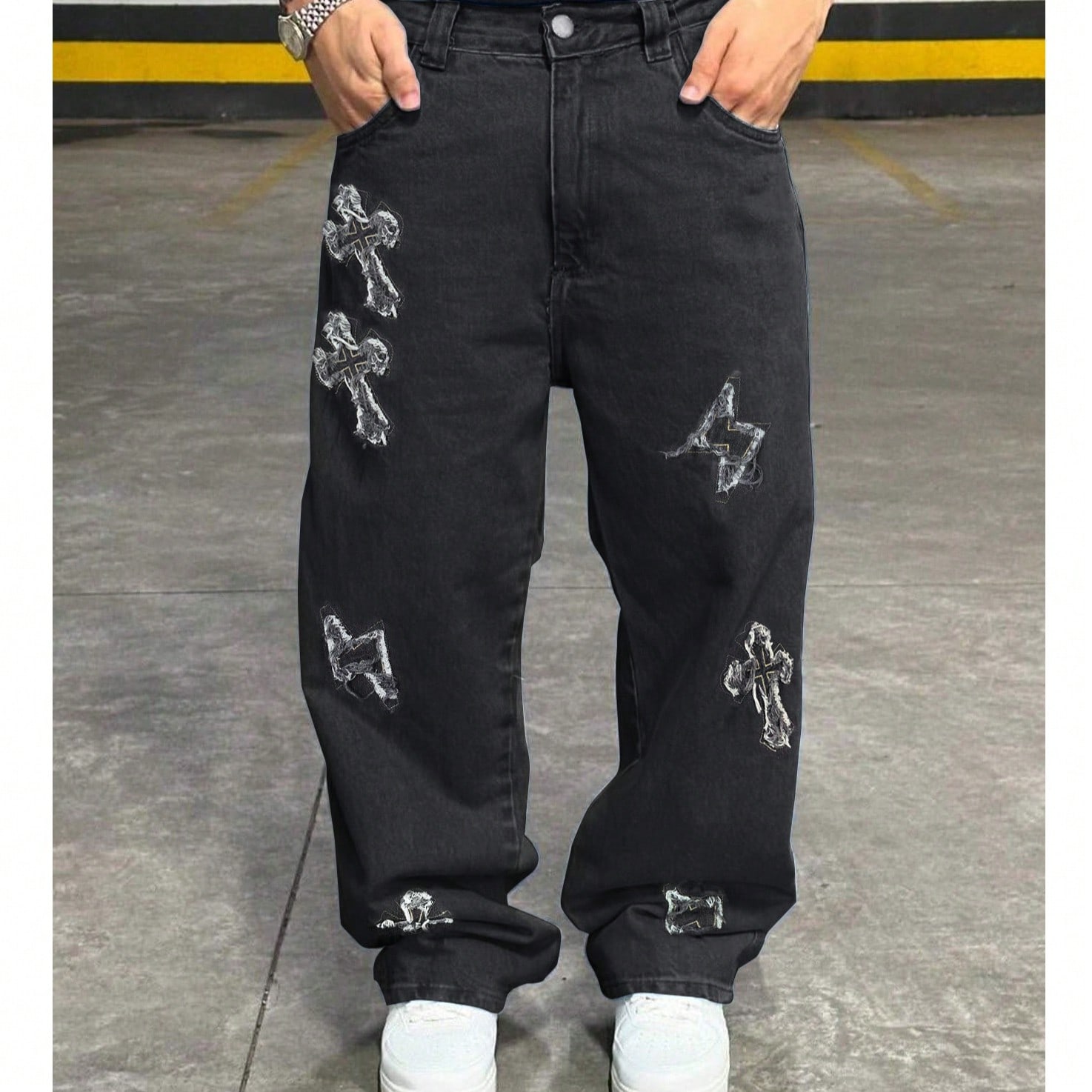 Jeans de mezclilla de unicolor bordados con estilo callejero, sueltos y personalizados para hombres, con estética grunge, gótica y Y2K, para uso cas