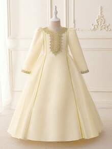4Y-7Y Girls' Middle Eastern Princess Style Dress, V-Neck Long Sleeve High Waist Flared Dress, Elegant Embroidered Patchwork Design, Suitable For Wedding, Party, Holiday, Photography, Spring/Summer/Autumn - 白色 - 查看 3