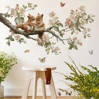 1 st avtagbar självhäftande väggdekal med ekorre, klättrande trädgren, lämplig för vardagsrum, sovrumsdekoration
