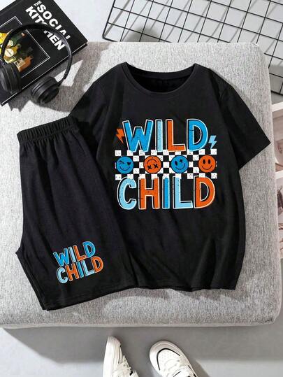 男童字母和人脸印花短袖T恤和短裤休闲套装