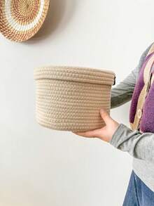 1pc Handmade Woven Apricot Pet Storage Basket, Suitable For Four Seasons Pet Toy & Ornament Storage, Dual-Use Set - Beige - View 4