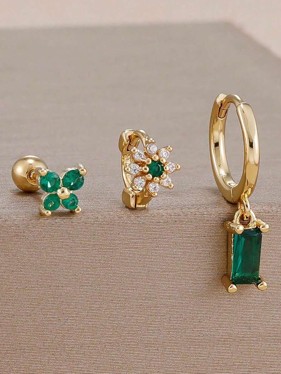 Bộ 3 khuyên tai hình bướm và hoa mạ vàng 18K đính đá Zirconia xanh, thiết kế 12 chòm sao, làm bằng thép không gỉ, không gây dị ứng, thích hợp làm khuyên sụn tai, quà tặng Valentine, quà cho mẹ, quà Ngày của Mẹ. - Vàng-18# - Xem 1