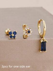 Bộ 3 khuyên tai hình bướm và hoa mạ vàng 18K đính đá Zirconia xanh, thiết kế 12 chòm sao, làm bằng thép không gỉ, không gây dị ứng, thích hợp làm khuyên sụn tai, quà tặng Valentine, quà cho mẹ, quà Ngày của Mẹ. - Vàng-22# - Xem 3