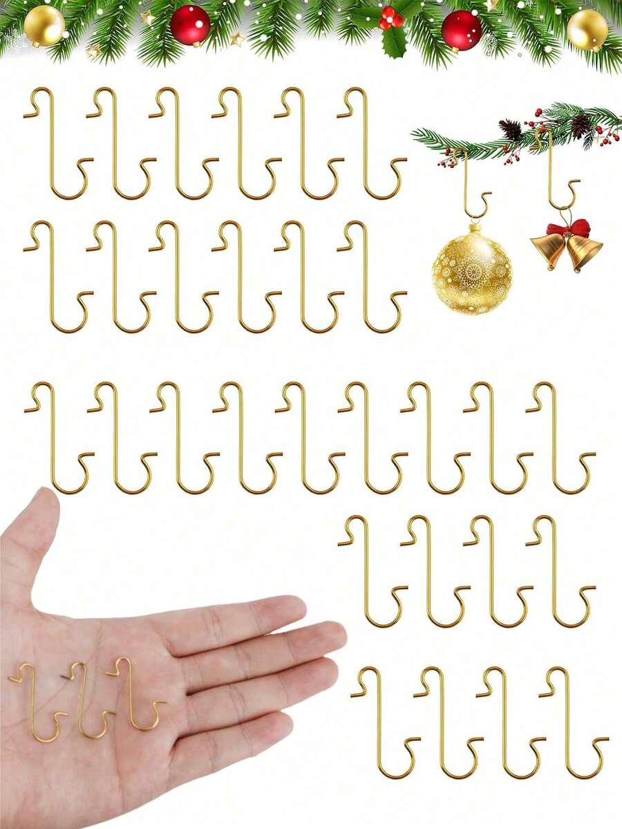 50pcs S-Shaped Metal Wire Hooks For Christmas Ornament Pendant, Christmas Tree Ball Hanging Hooks, Home New Year Party Decor Wholesale, Mini Christmas Decor Hooks, Multifunctional S-Hooks, Christmas Garland - Gold - View 1