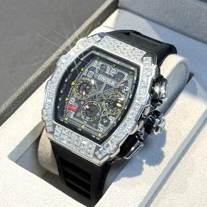  ONOLA-6826F 男士桶形多功能机械自动腕表，橡胶表带，时尚运动冰钻腕表