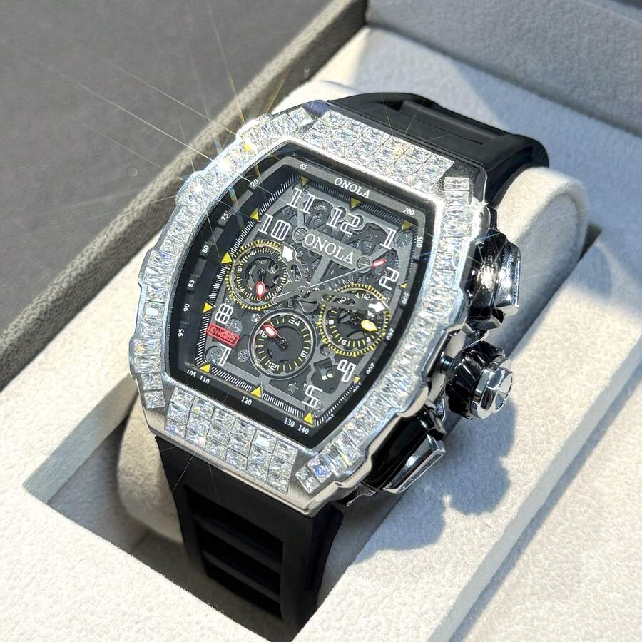 ONOLA-6826F 男士桶形多功能机械自动腕表，橡胶表带，时尚运动冰钻腕表