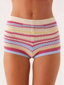 Women's Y2K Striped Knit Shorts Low Waist Strechy Short Lounge Color Block Sweater Shorts Summer Going Out Micro Shorts Loungewear - Hồng - Xem 4