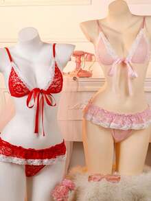 Women 2 Pieces Lingerie Nightwear Set, Lace Patchwork Bowknot Front Sleeveless Bra Ruffles Thong Sleepwear Suit - 粉色 - 查看 2