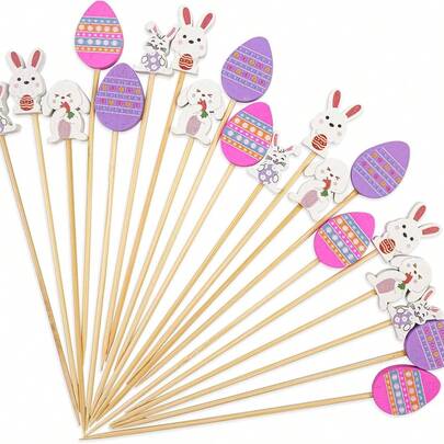 100 pezzi Spiedini di bambù per Pasqua - Stuzzicadenti decorativi a forma di coniglio e uovo di Pasqua, adatti per antipasti; Stuzzicadenti di bambù per feste di compleanno di Pasqua, bevande, frutta, dolci, cibi e decorazione di antipasti