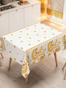 1pc White & Gold Eid Mubarak Tablecloth, 220*130cm Disposable PE Tablecloth, Gold Star & Moon Pattern, Eid Party Supplies, Ramadan Decoration, Eid Mubarak Ramadan Party Decor, Ramadan & Eid Home Decor, Eid Dining Table Decor, Kitchen Decor, Ramadan Gift
