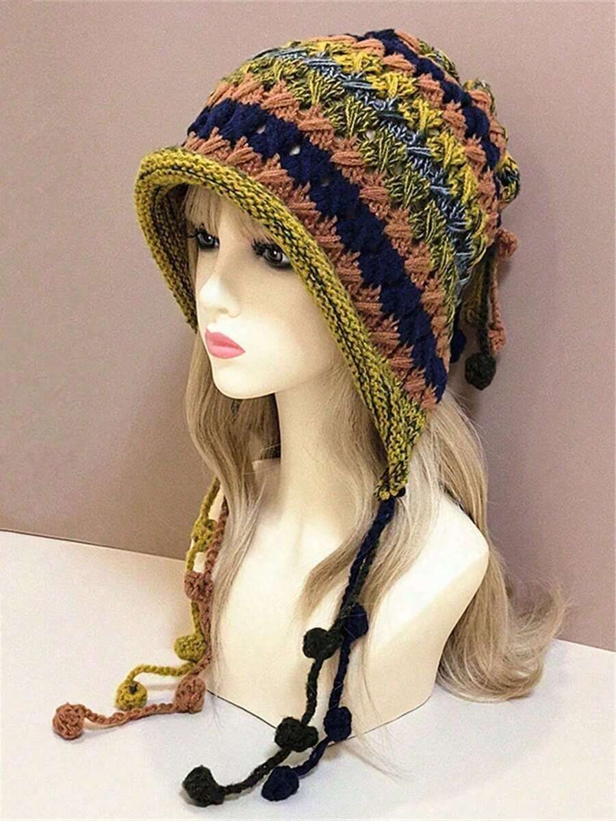 1 Piece/Women's Winter Crochet Colorful Pom Pom Beanie, Tassel Braided Design Warm Earmuff Hat, Contrasting Color Knitted Hat, Suitable For Daily Wear Bohemian Style, Christmas Gift - 酒紅色 - 查看 1