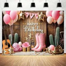 1 pieza Tela de fondo con diseño de tema de vaquero occidental con globos rosas, botas rosas, cactus y sombrero, adecuado para decoración de vacaciones, patio, jardín, sala de estar, fondos de fotografía, decoración de fiestas, duchas nupciales, bodas, aniversarios