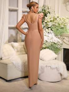 New Apricot Sexy V-Neck Puff Sleeve Luxury Beaded Pearl Diamond Bandage Maxi Dress, Elegant Ladies Birthday Party, Homecoming, Wedding, Bridesmaid, Formal Gown - Apricot - View 8