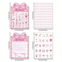 33 Pcs/1 Set, Pink Bow Party Bingo Game Set, 24 Player Cards (24 Different Patterns), 7 Marking Cards (70 Stickers), 1 Calling Card And 1 Game Instructions Card, Pink Theme Party Game, Perfect For Girl's Birthday Parties, BFF Gatherings - Multicolor - View 3