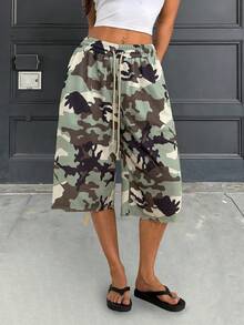 女式针织百慕大短裤，带抽绳，迷彩印花，无弹力，休闲风格 - 彩色 - 查看 6