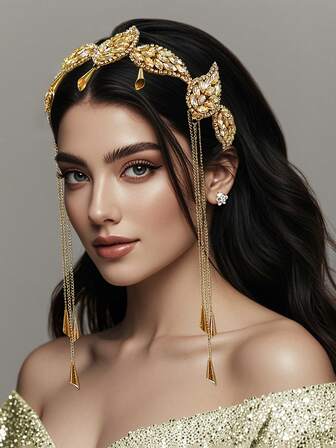 1pc Crystal Tassel Leaf Headband, Fashion Hair Accessory Suitable For Bride, Wedding, Party, Date, Birthday, Casual, Christmas, Valentine's Day ,Hair Band ,Diadema ,Hair Hoop