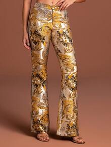 女式优雅花卉印花西装套装，配有领子西装外套和喇叭裤，无弹力面料，单扣细节 - 黃色 - 查看 8