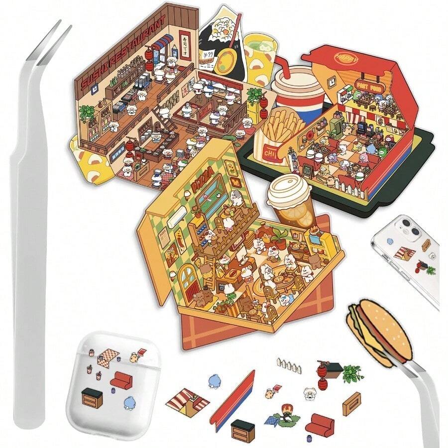 DIY 3 Dシールシーン3セット ハウスシール食品モチーフキャラクターシーンシール女の子大人のストレス解消 (3セット 食品) - 3 - チェックする 1