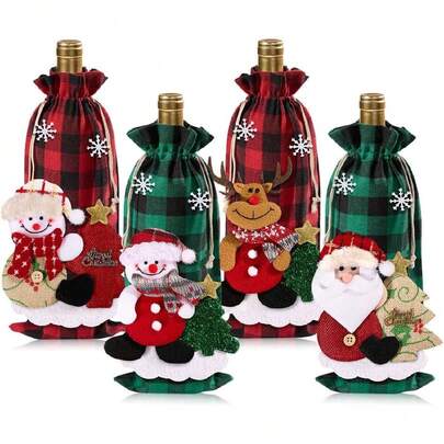 Christmas Wine Gift Bags - 4 Pcs Classic Checkered Wine Bottle Bag With 3D Dolls Reusable Xmas Bottle Cloth Wrapping Sleeves With Drawstring Cute Holiday Party Dration,35451465