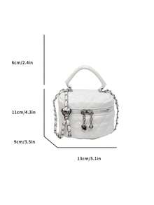 1pc Girls' Diamond Pattern PU Zipper Closure Handbag, Suitable For Everyday Use In Autumn/Winter - White - View 2