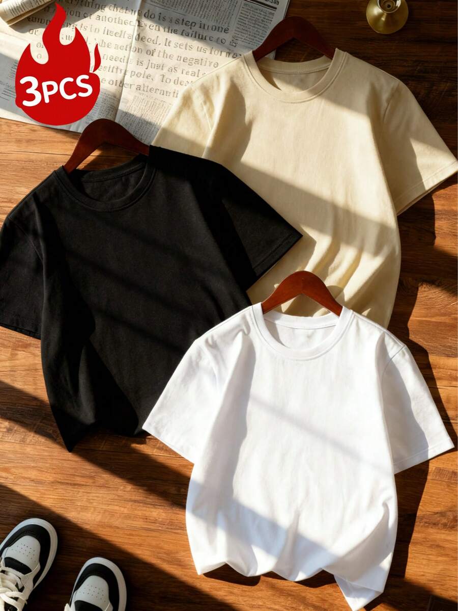 3件套女士夏季休闲圆领短袖T恤，时尚纯色上衣，适合日常穿着。白色上衣、黑色上衣、粉色上衣