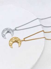 1pc Stainless Steel Moon Surface Textured Pendant Necklace, Fashionable Minimalist Chic Collarbone Sweater Chain - Multicolor - View 4