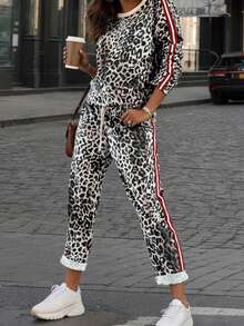 2pcs Plus Size Women Casual Leopard Print Tracksuit, Long Sleeve Top And Pocket Pants Set - Soft, Comfortable, Stretchy Activewear Elegant - Yellow - View 1