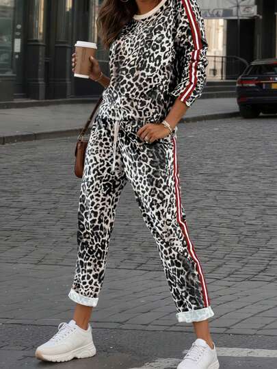 2pcs Plus Size Women Casual Leopard Print Tracksuit, Long Sleeve Top And Pocket Pants Set - Soft, Comfortable, Stretchy Activewear Elegant