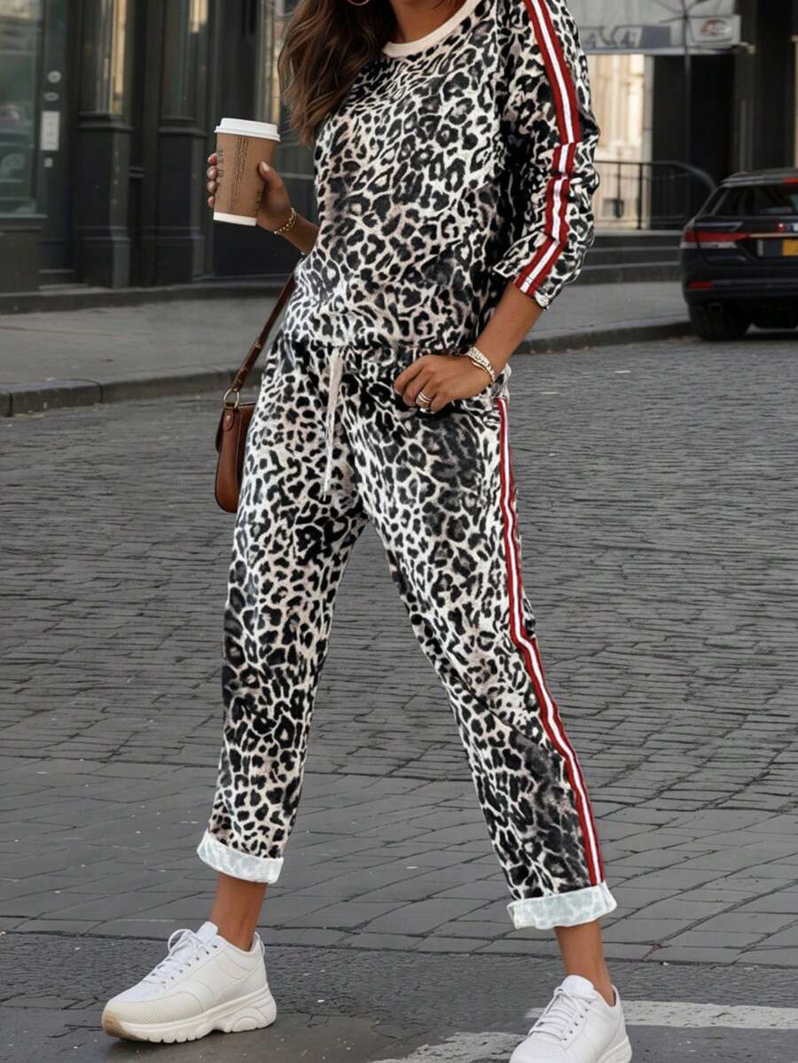 2pcs Plus Size Women Casual Leopard Print Tracksuit, Long Sleeve Top And Pocket Pants Set - Soft, Comfortable, Stretchy Activewear Elegant - Yellow - View 1