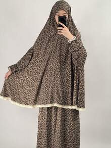 2pcs Set: Khimar + Abaya Floral Print Muslim Prayer Outfit, Pullover Long Robe Abaya Paired With Matching Printed Hijab Headscarf, Casual Outdoor Essential Fashion Item, Women's Abaya Robe, Muslim Hijab Dress