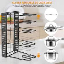 Estante de Ollas(más grueso), Organizador de Ollas y Sartenes de 8 Capas, Organizador de Sartenes para Armario, 3 Métodos de Bricolaje, Ajustable para Alenar y Organizar Gabinetes de Cocina - negro - Ver 3