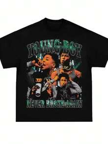 2025 Hot Youngboy Never Broke Again American Retro Hip-Hop Rap Characters Printed High-Quality Luxury Short-Sleeved T-Shirt - màu đen - Xem 1