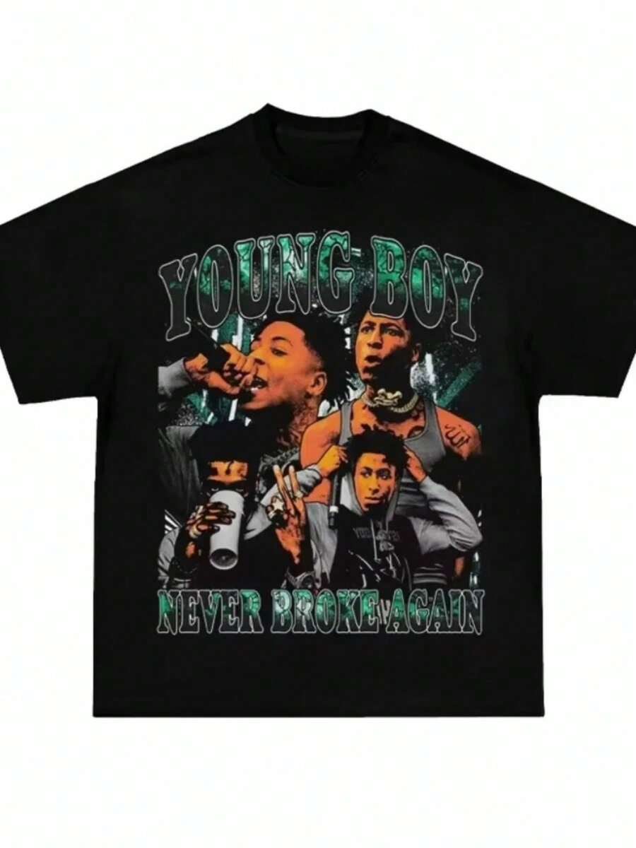 2025 Hot Youngboy Never Broke Again American Retro Hip-Hop Rap Characters Printed High-Quality Luxury Short-Sleeved T-Shirt - màu đen - Xem 1