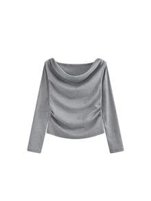 性感露肩紧身长袖上衣，女士秋冬款 - 灰色 - 查看 6