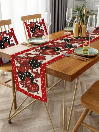 1pc Heart Element Table Runner, Single-Sided Linen Print, Suitable For Kitchen, Living Room Decor And Event Parties, Valentine's Day Decor