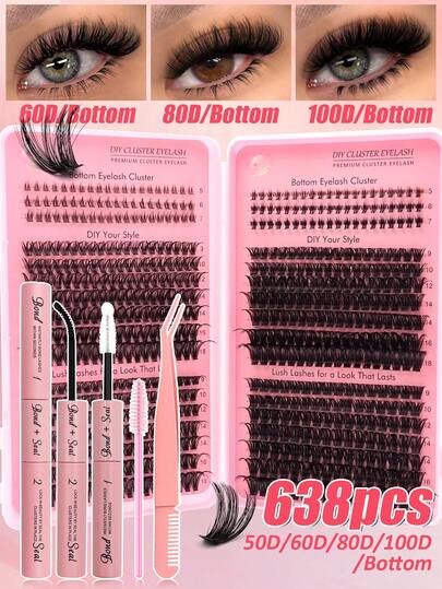  Kit de extensión de pestañas esponjosas Rikuaild 638 piezas, incluye pestañas inferiores de 5-7 mm y pestañas de tallo ancho de alta capacidad de 9-18 mm, rizo mixto D (50D/60D/80D/100D), crea pestañas postizas naturales, densas, suaves, cómodas y ligeras, de larga duración. El set contiene pegamento de pestañas dual, pinzas, cepillo de pestañas y libro de pestañas, adecuado para maquillaje diario, cosplay, citas y fiestas.