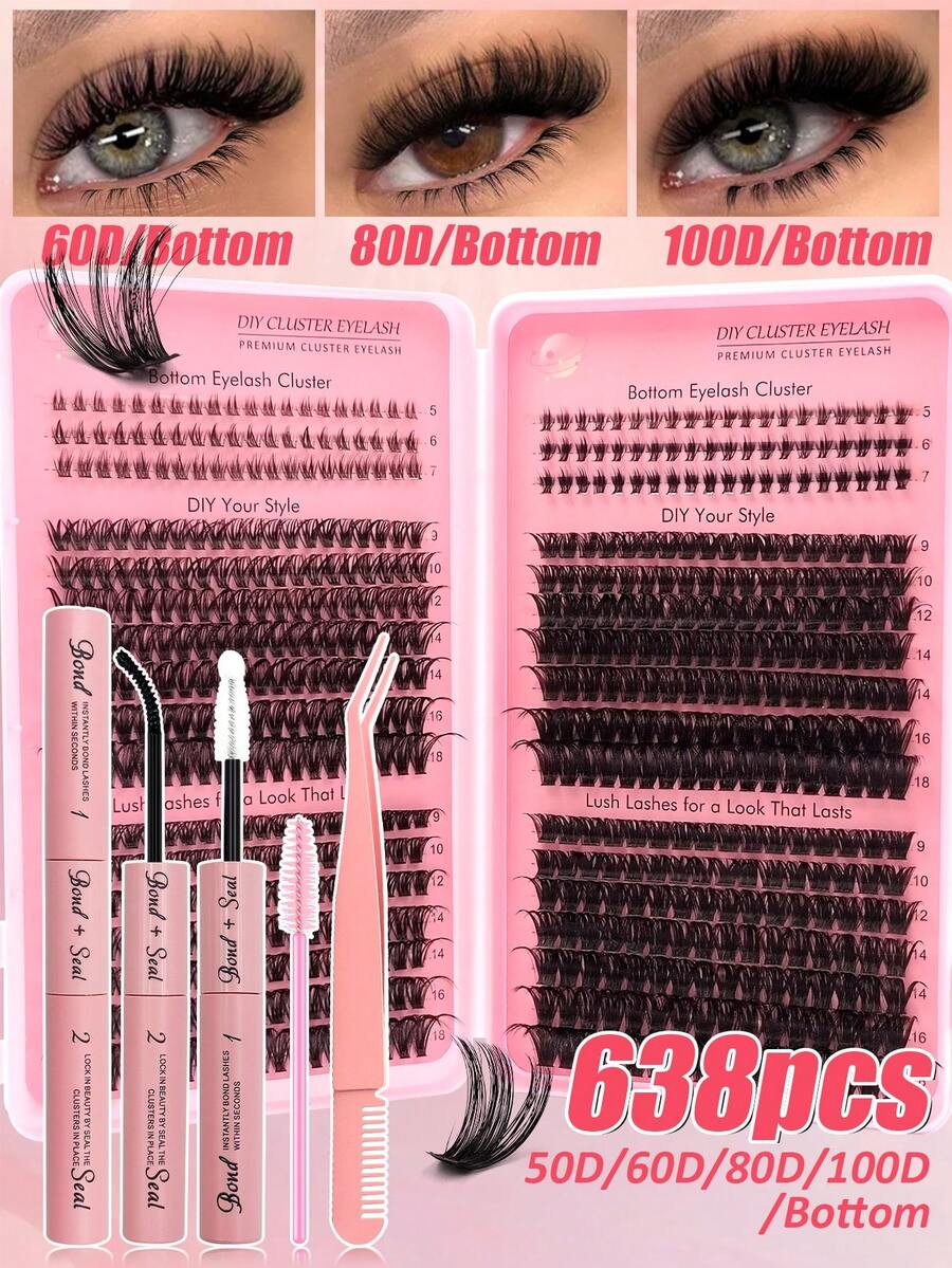 Rikuaild 638pcs Fluffy Eyelash Extension Kit, Includes 5-7mm Lower Lashes & 9-18mm High Capacity Wide Stem Lashes, Mixed D Curl (50D/60D/80D/100D), Creates Natural, Dense, Soft, Comfortable & Lightweight False Eyelashes, Long-Lasting. The Set Contains Dual Eyelash Glue, Tweezers, Lash Brush & Lash Book, Suitable For Daily, Cosplay, Date & Party Makeup. - 彩色 - 查看 1