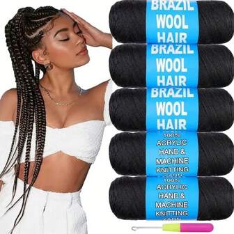 5 rollos de lana brasileña negra acrílica para cabello sintético africano de ganchillo, trenzas jumbo, trenzas, envoltorios de torsión, 70G/rollo