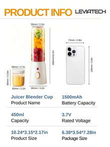 LEVIATECH 450毫升便携式电动榨汁搅拌机，摇摇杯设计，USB充电，多功能家用，配有2个小榨汁杯、迷你无线榨汁杯，电池续航时间长，适合厨房、家庭和旅行使用。