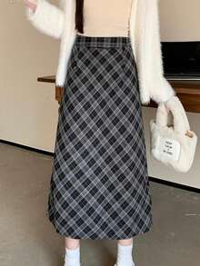 [Y6Y] Women's Black & Gray Casual Elegant Long A-Line Plaid Woven Skirt, Suitable For Spring/Summer - Black - View 5