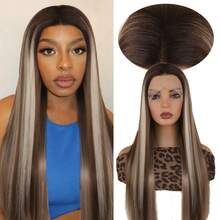 13x4 HD Lace Front Wig For Women Ombre Blonde Brown To Black Long Straight Hair Pre Plucked 180% Density Glueless Heat Resistant Hair Pre-Plucked For Daily Party Cosplay Use 26 Inch - Brown Highlight - View 12