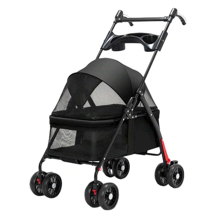4-Wheel Pet Stroller With Rotating Handle - Foldable, 38 Lbs Max Load For Dogs & Cats - Black - View 1