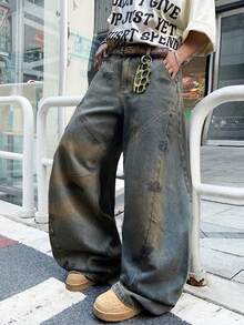 1 chiếc quần jeans ống rộng kiểu Mỹ cổ điển, nhuộm bùn, phối nhiều mảnh vải và vẽ tay (Sản phẩm không bao gồm thắt lưng và phụ kiện) - Màu xanh lam - Xem 4