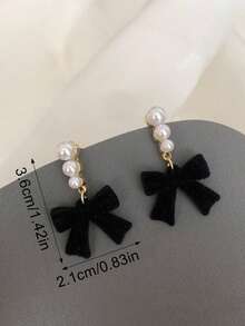 1 Pair Cute & Elegant Plush Bow Faux Pearl Drop Earrings, Suitable For Women, New Year Party, Casual Wear, Valentine's Day Gift - Black - View 4